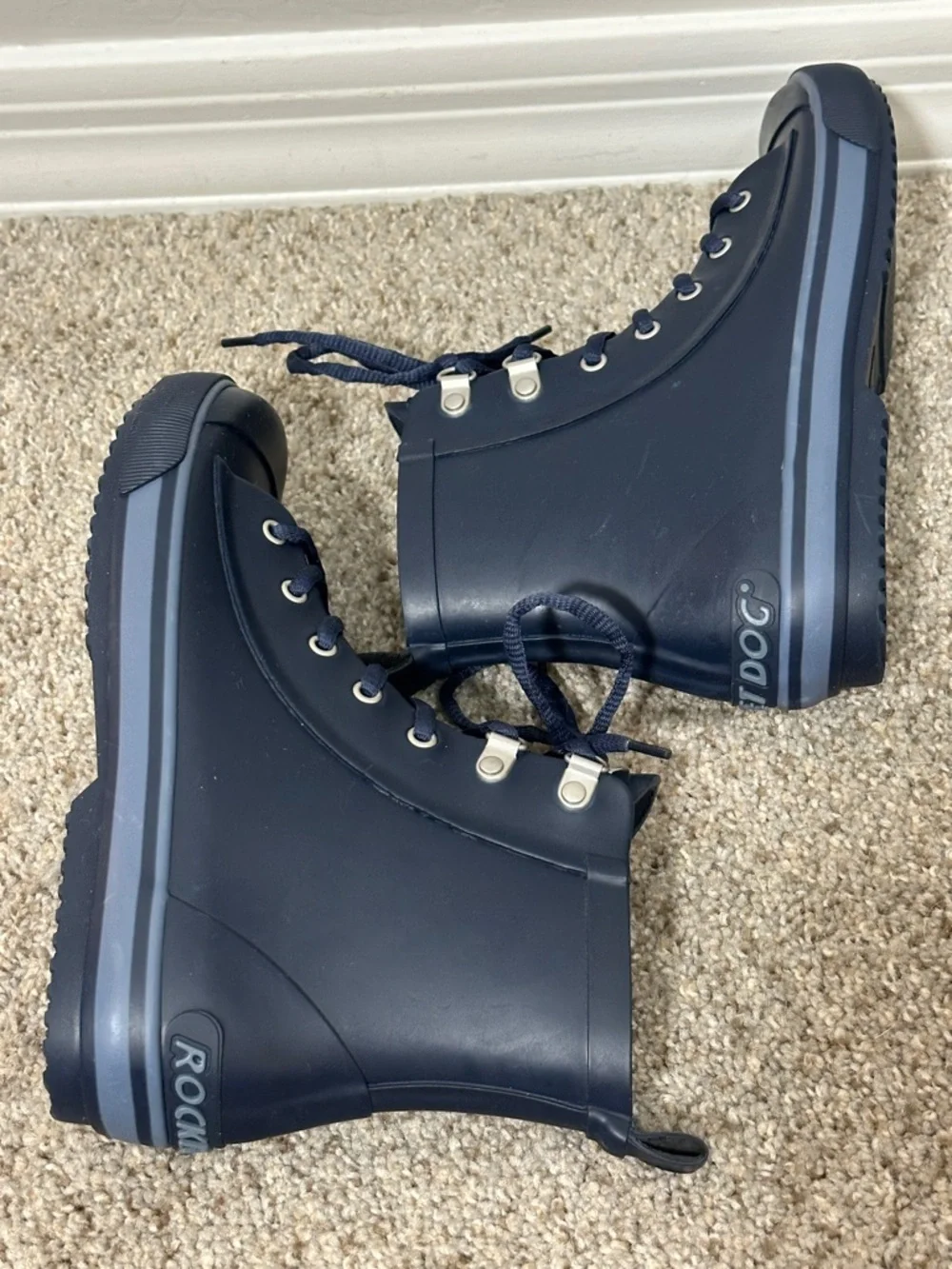 Rocket Dog Navy Rubber Rain Boots Lace Up Mid Calf Waterproof Womens Size 7